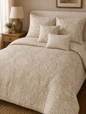 Nicole Miller Home Damask Comforter Set Queen Full 92x96 Reversible Cotton 5pc